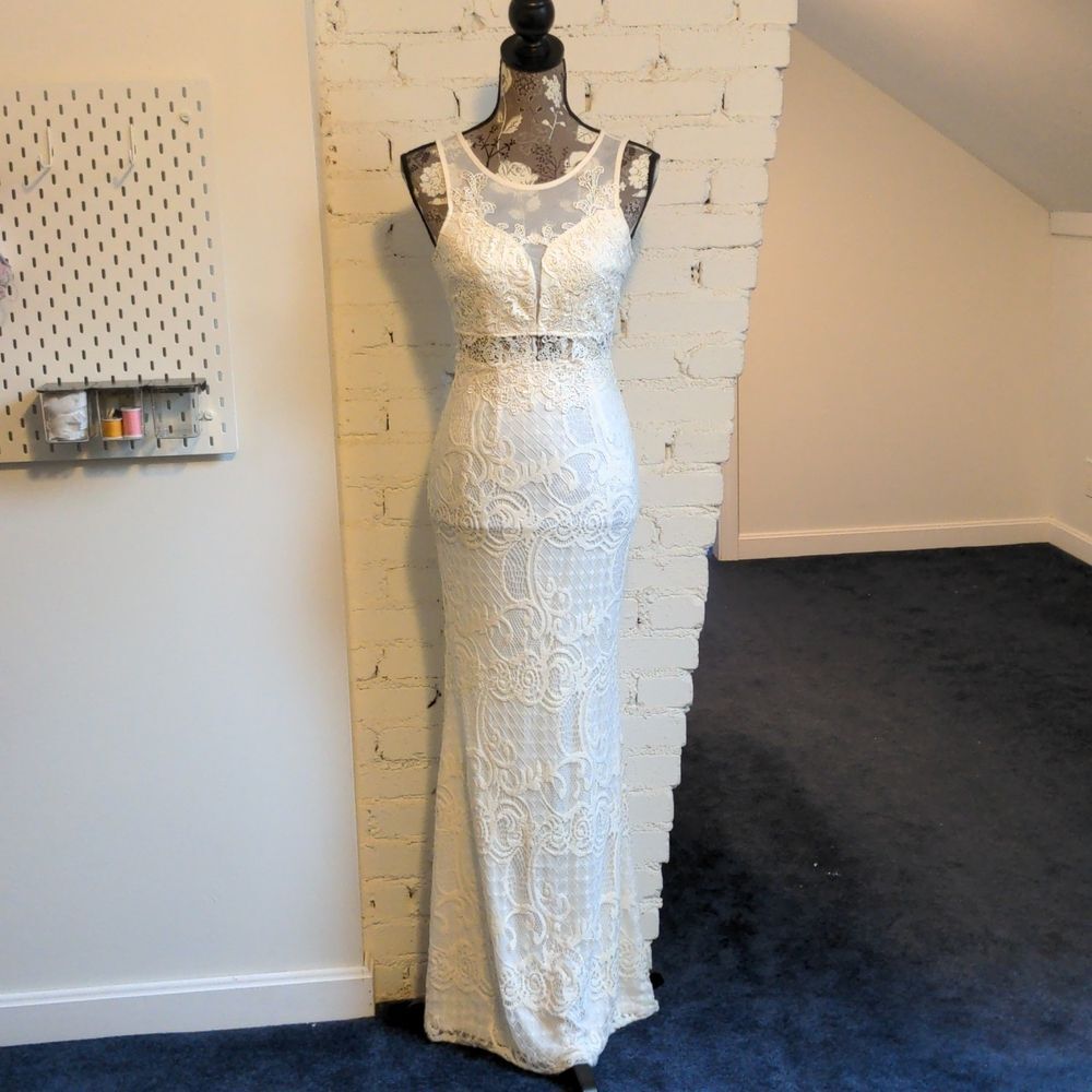 Ivory lace illusion neckline dress